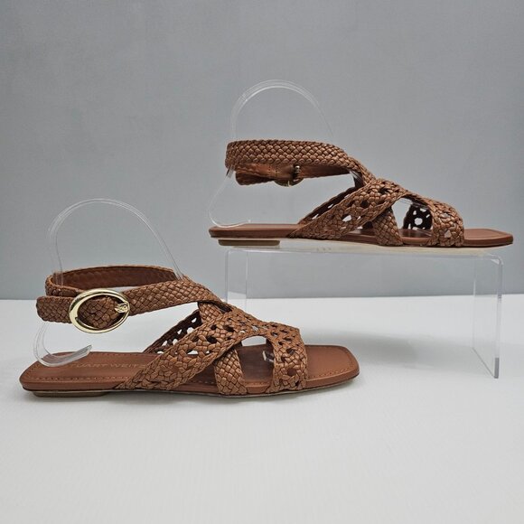 Stuart Weitzman Thea Sandal Womens 8 Tan Woven Leather Flat Summer Designer - Picture 3 of 14